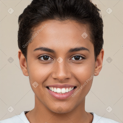 Joyful white young-adult female with short  brown hair and brown eyes