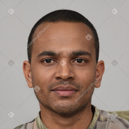 Neutral latino young-adult male with short  black hair and brown eyes