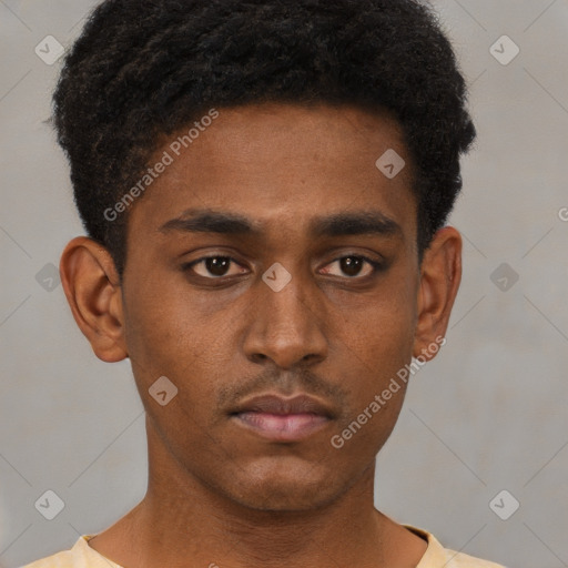 Neutral black young-adult male with short  black hair and brown eyes