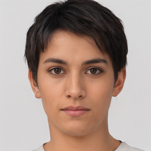 Neutral asian young-adult female with short  brown hair and brown eyes