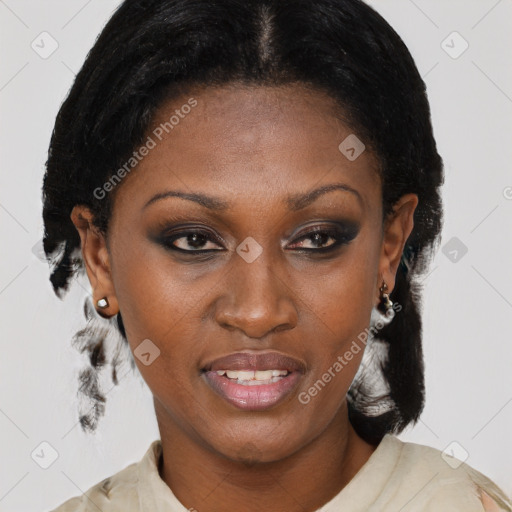 Joyful latino adult female with short  brown hair and brown eyes