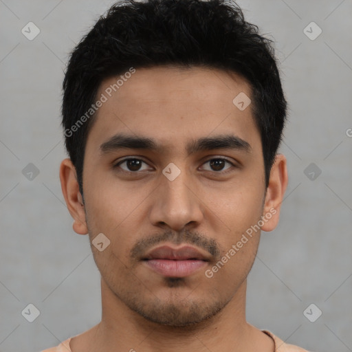 Neutral asian young-adult male with short  black hair and brown eyes