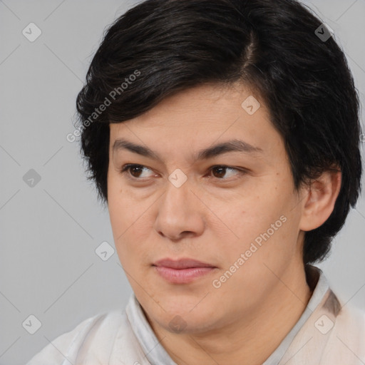 Joyful white adult female with medium  brown hair and brown eyes