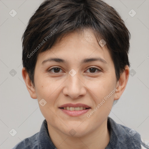 Joyful white adult female with short  brown hair and brown eyes