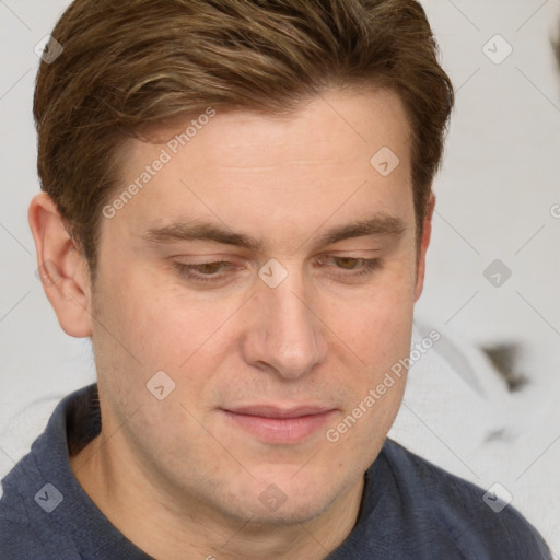 Joyful white adult male with short  brown hair and grey eyes