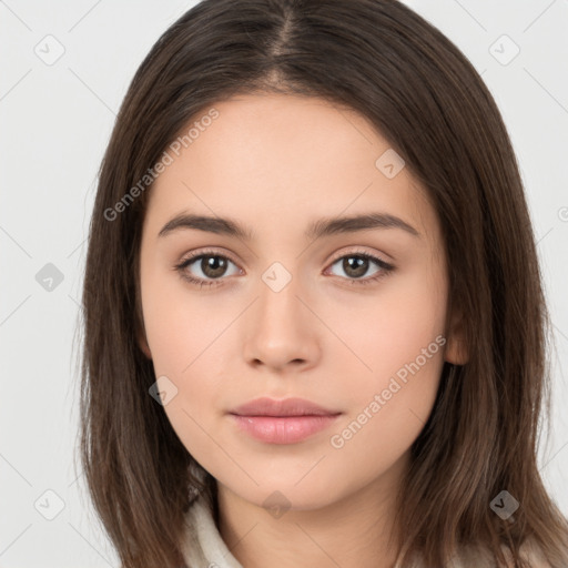 Neutral white young-adult female with long  brown hair and brown eyes