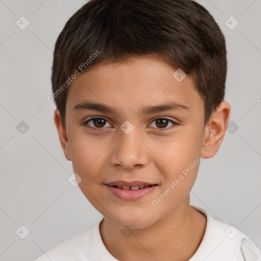 Joyful white child male with short  brown hair and brown eyes