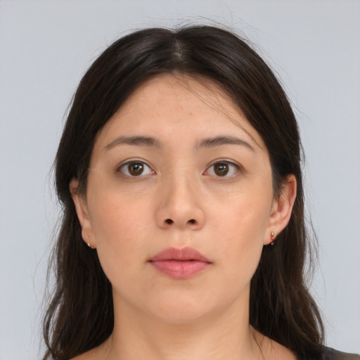 Neutral asian young-adult female with long  brown hair and brown eyes
