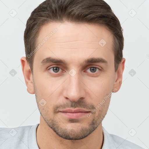 Neutral white young-adult male with short  brown hair and brown eyes