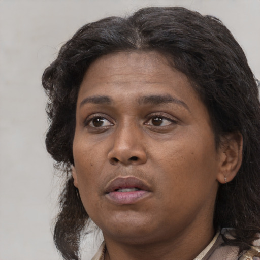 Neutral white young-adult female with medium  black hair and brown eyes
