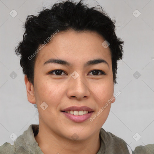 Joyful asian young-adult female with short  brown hair and brown eyes