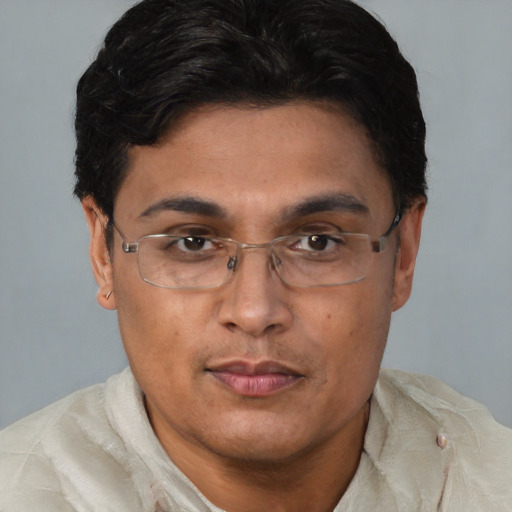 Joyful latino young-adult male with short  brown hair and brown eyes