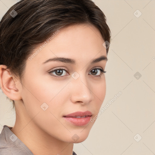 Neutral white young-adult female with medium  brown hair and brown eyes