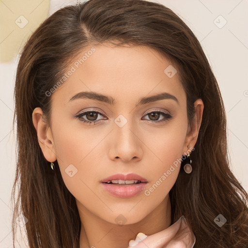 Neutral white young-adult female with long  brown hair and brown eyes