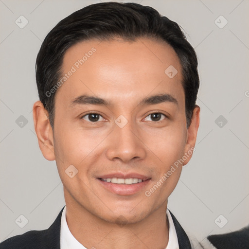 Joyful white young-adult male with short  black hair and brown eyes