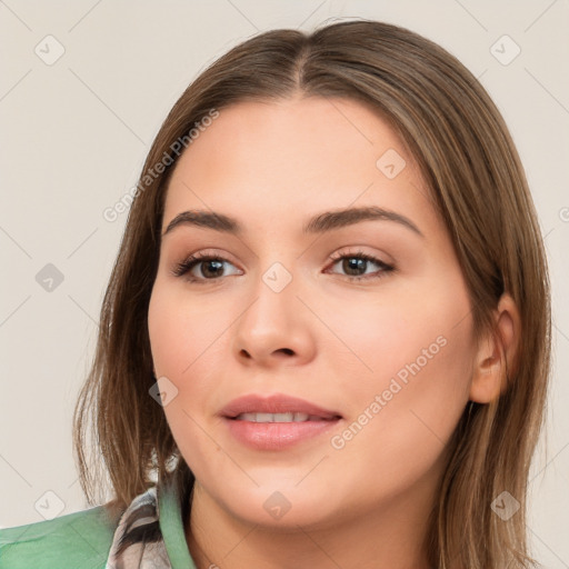 Neutral white young-adult female with long  brown hair and brown eyes