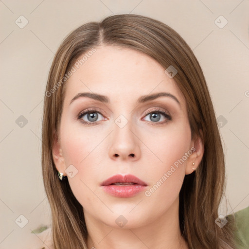 Neutral white young-adult female with long  brown hair and green eyes