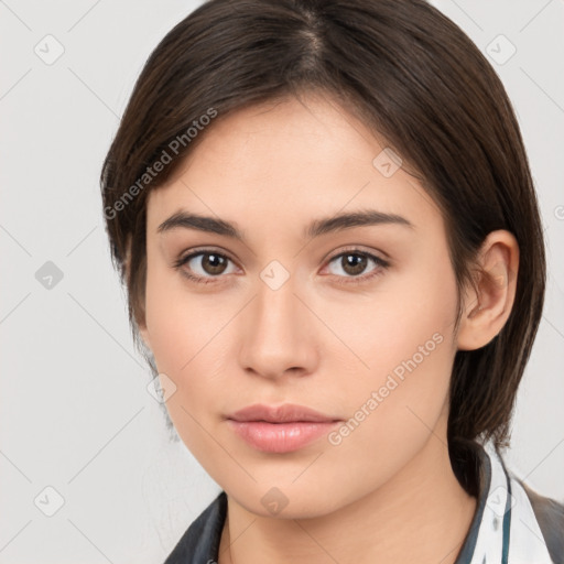 Neutral white young-adult female with medium  brown hair and brown eyes