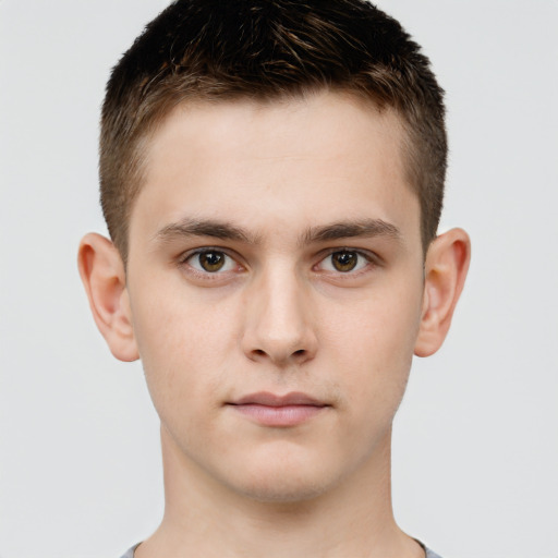 Neutral white young-adult male with short  brown hair and brown eyes