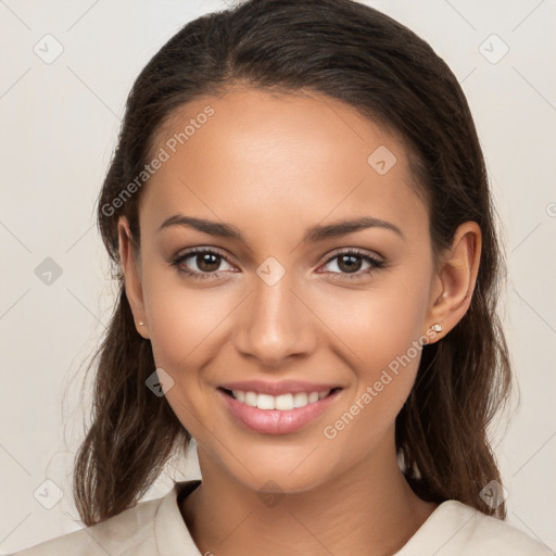 Joyful white young-adult female with medium  brown hair and brown eyes