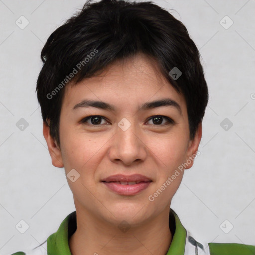 Joyful asian young-adult female with short  black hair and brown eyes