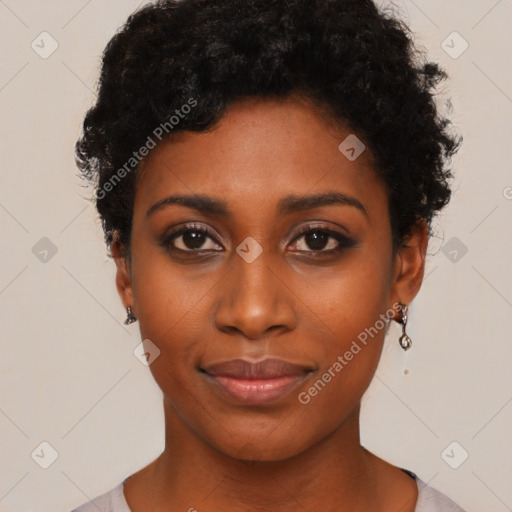 Neutral black young-adult female with short  black hair and brown eyes