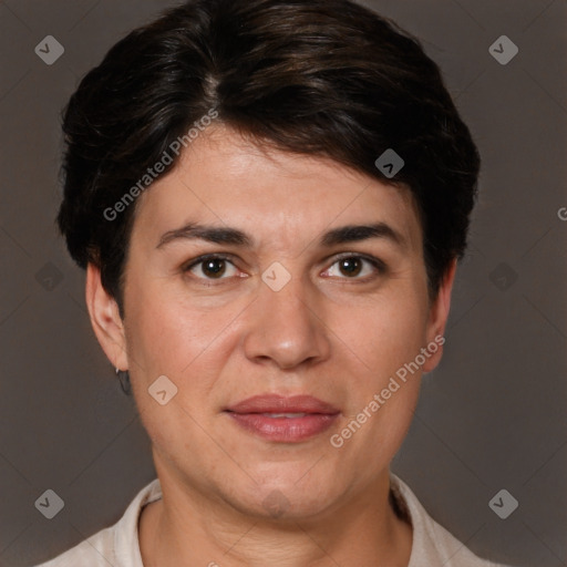 Joyful white adult female with short  brown hair and brown eyes