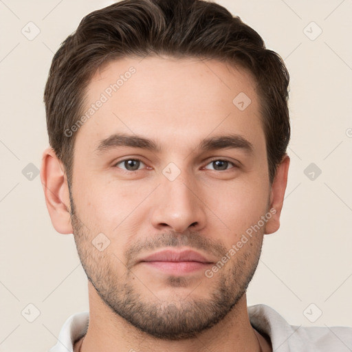 Neutral white young-adult male with short  brown hair and brown eyes