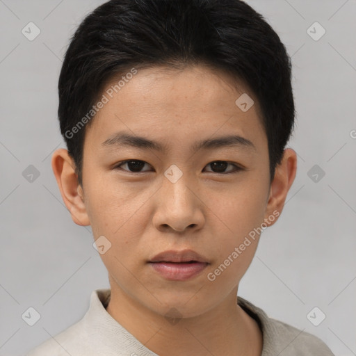 Neutral asian young-adult female with short  brown hair and brown eyes