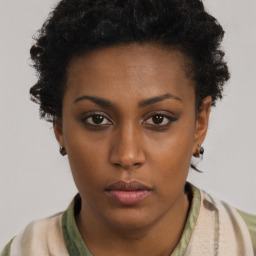 Neutral black young-adult female with short  brown hair and brown eyes