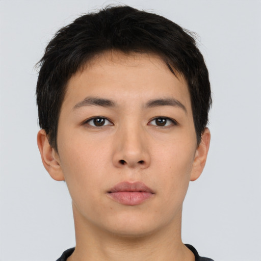 Neutral asian young-adult male with short  brown hair and brown eyes