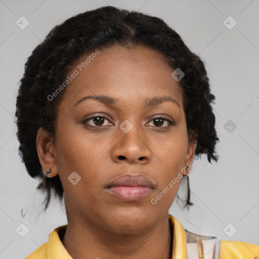 Neutral black young-adult female with short  brown hair and brown eyes