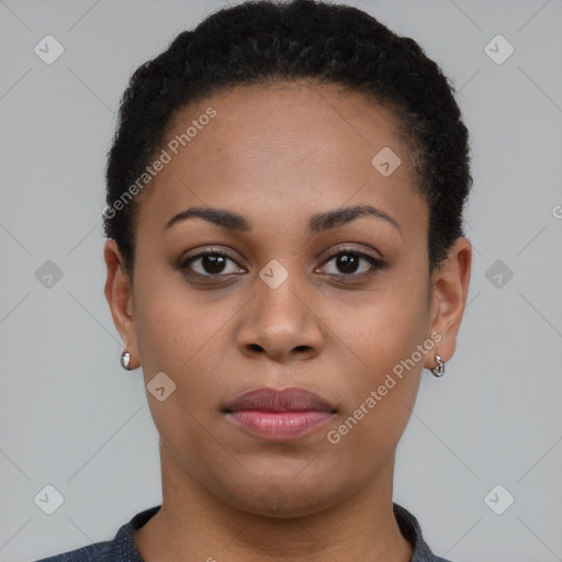 Neutral black young-adult female with short  black hair and brown eyes