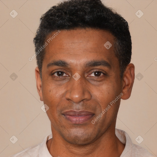 Joyful black adult male with short  black hair and brown eyes