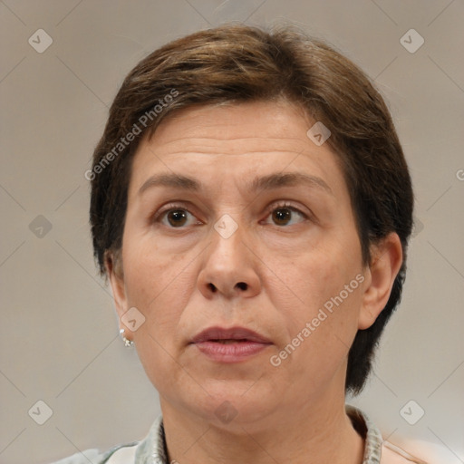 Neutral white adult female with medium  brown hair and brown eyes