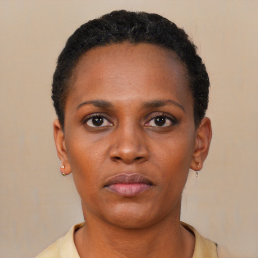 Neutral black young-adult female with short  black hair and brown eyes