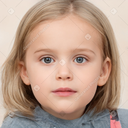 Neutral white child female with medium  brown hair and blue eyes