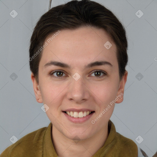 Joyful white young-adult female with short  brown hair and brown eyes