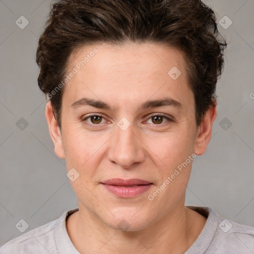 Joyful white adult female with short  brown hair and brown eyes