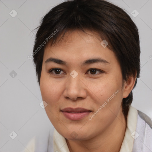 Joyful asian young-adult female with medium  brown hair and brown eyes