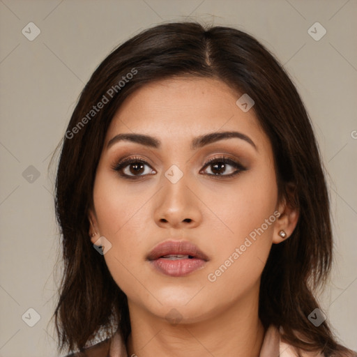 Neutral asian young-adult female with long  brown hair and brown eyes