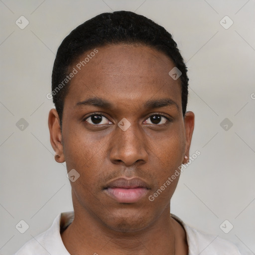 Neutral latino young-adult male with short  black hair and brown eyes