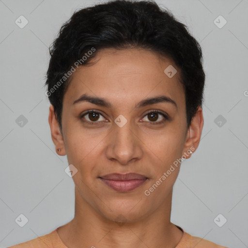 Joyful latino young-adult female with short  brown hair and brown eyes