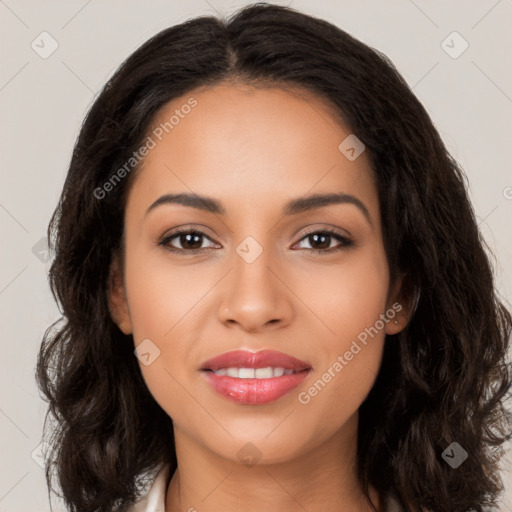 Joyful latino young-adult female with long  brown hair and brown eyes