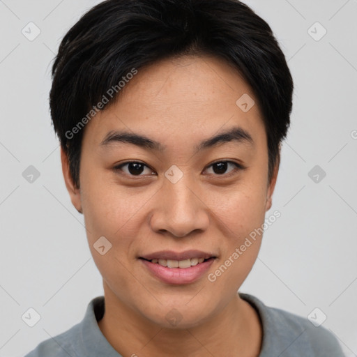 Joyful asian young-adult female with short  black hair and brown eyes