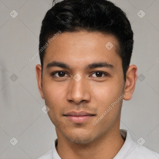 Neutral latino young-adult male with short  brown hair and brown eyes