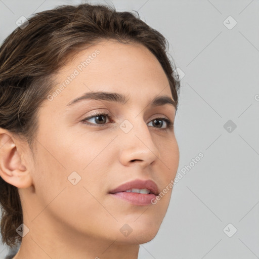 Neutral white young-adult female with medium  brown hair and brown eyes