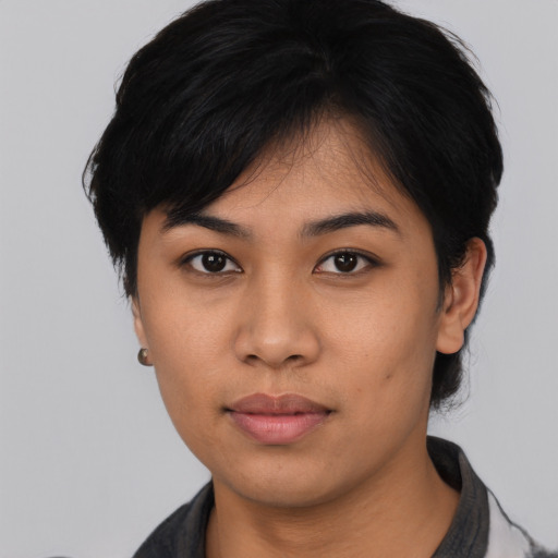 Neutral asian young-adult female with short  black hair and brown eyes