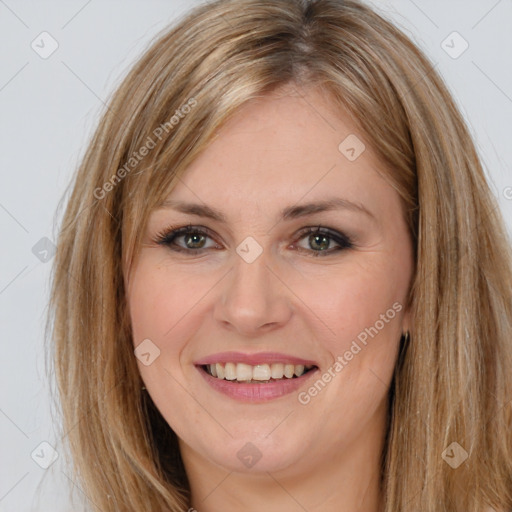 Joyful white young-adult female with long  brown hair and brown eyes