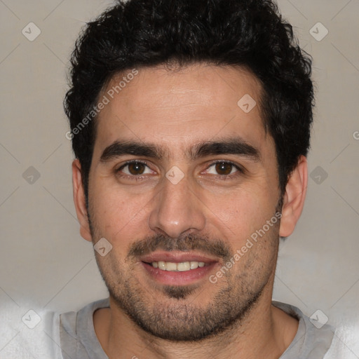 Joyful white young-adult male with short  black hair and brown eyes